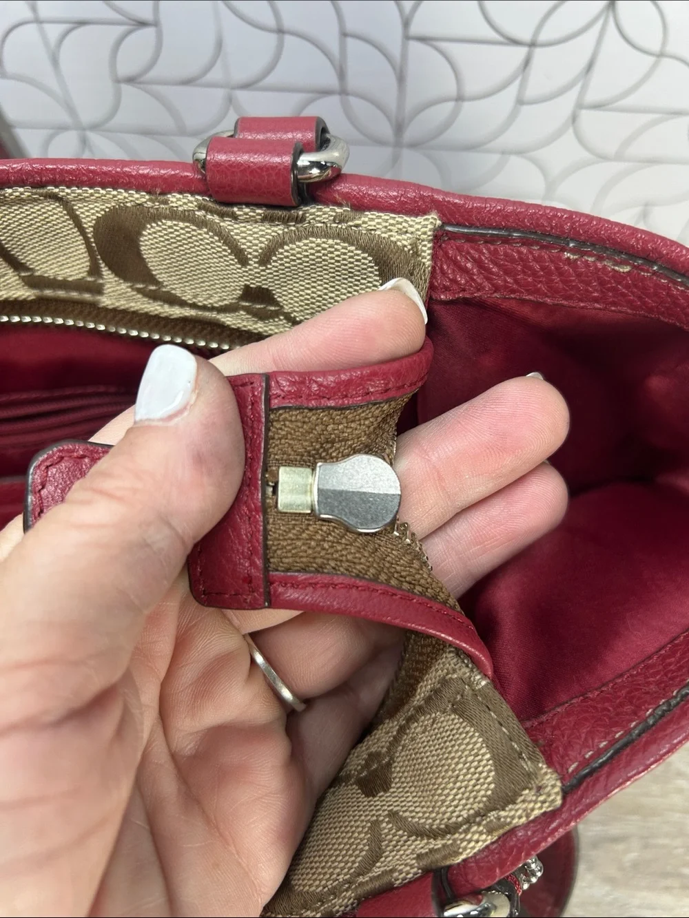 Coach Signature Canvas Tote with Red Leather Trim
